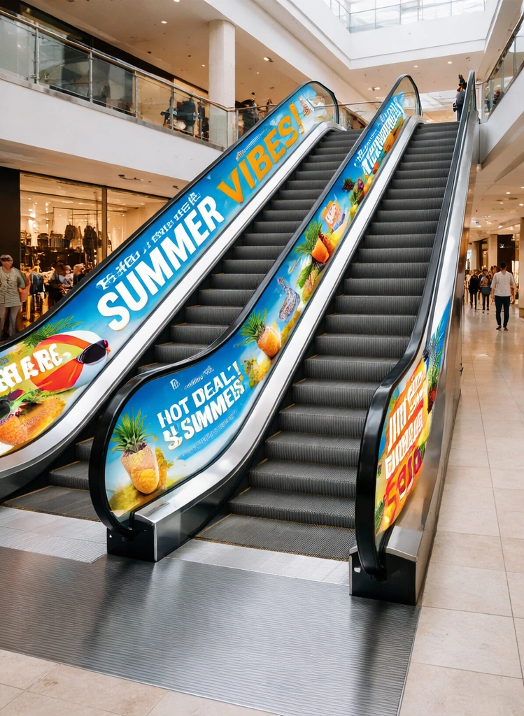 Mall escalator glass and runway branding application